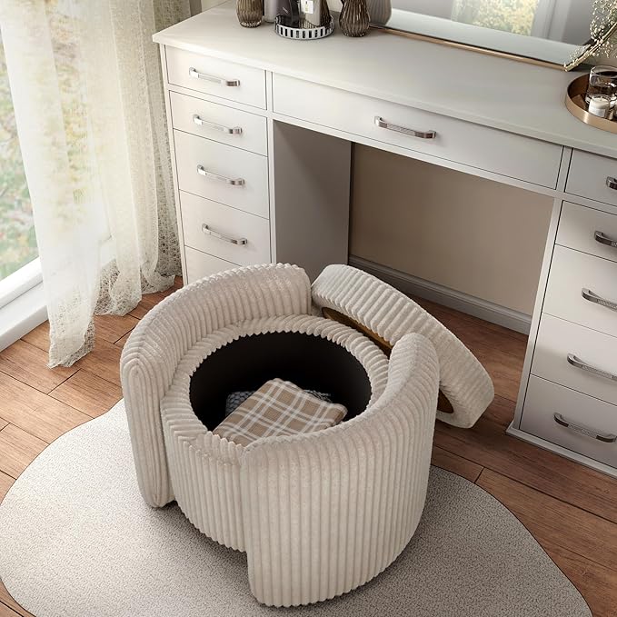 Furniture of America Lennox Modern Chenille 25-inch Round Storage Ottoman with Reversible Flip Top, Upholstered Footstool for Living Room, Bedroom, Entryway, Beige Pink