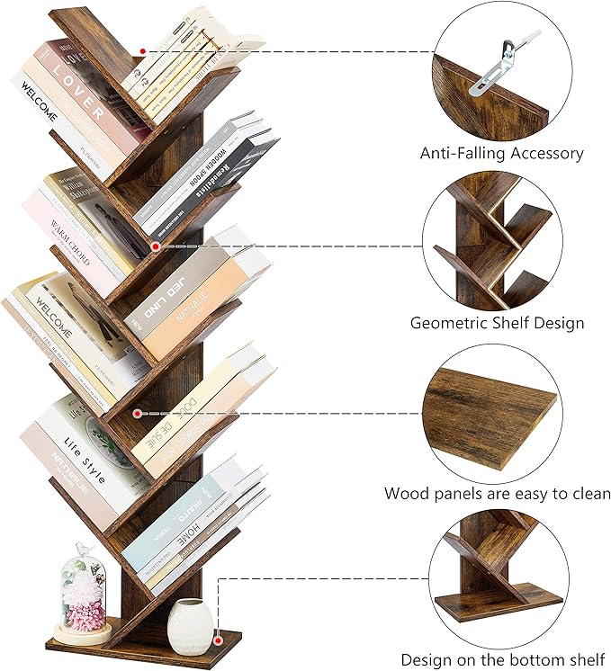 Hoctieon 10 Tier Tree Bookshelf, 10 Shelf Bookcase, Free Standing Tree Bookcase, Display Floor Standing Shelf for Books, Book Organizer Shelves for Home Office, Living Room, Bedroom, Rustic Brown