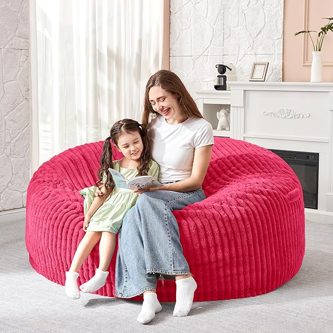 HABUTWAY 3FT Bean Bag Chair, 3' Large Bean Bag Chairs for Adults with Removable Stripe Plush Cover, Memory Foam Beanbag Chair for Living Room Bedroom Dorm (Pink)