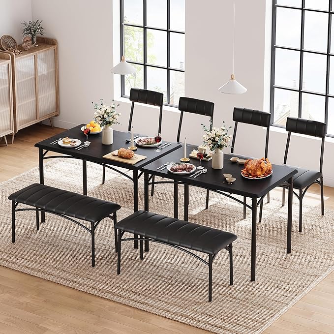 Garvee Dining Table Set for 4, Kitchen Table with Upholstered Bench and 2 Chairs, 4-Piece Wooden Dining Table Set for Apartment, Dining Room, Small Space, Black