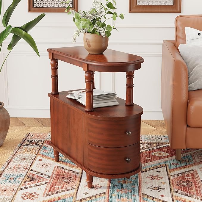 2 Set of Wood End Table with 2 Drawers and Storage Shelf, Narrow Sofa Side Table for Living Room, Vintage Slim Nightstand Bedside Table for Bedroom, Slim Chair Side Table Cherry Brown A508MG