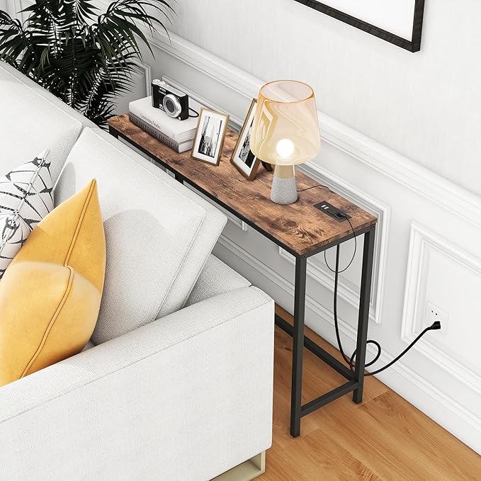 HOMERECOMMEND Console Table with Power Outlets and USB Ports,Sofa Tables with Charging Station,for Hallway, Entryway,Behind Couch Table,Rustic Brown