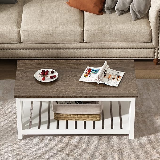 ChooChoo Coffee Table, Rustic Farmhouse Table with Shelf for Living Room, Vintage Finish White