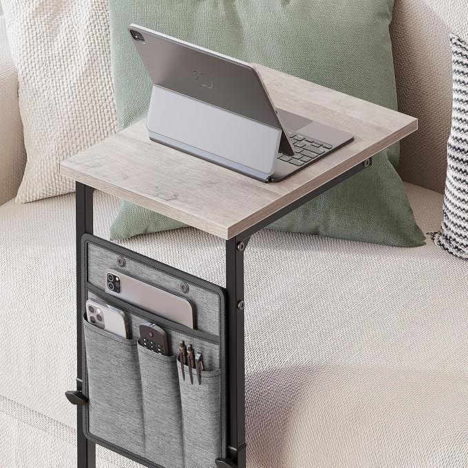Vagusicc C Shaped End Table, 33" Tall Side Table for Couch, Adjustable Height Small Couch Side Table, Laptop Sofa Tables Slide Under Recliner Tables TV Tray Arm Tables for Living Room, Bedroom, Grey