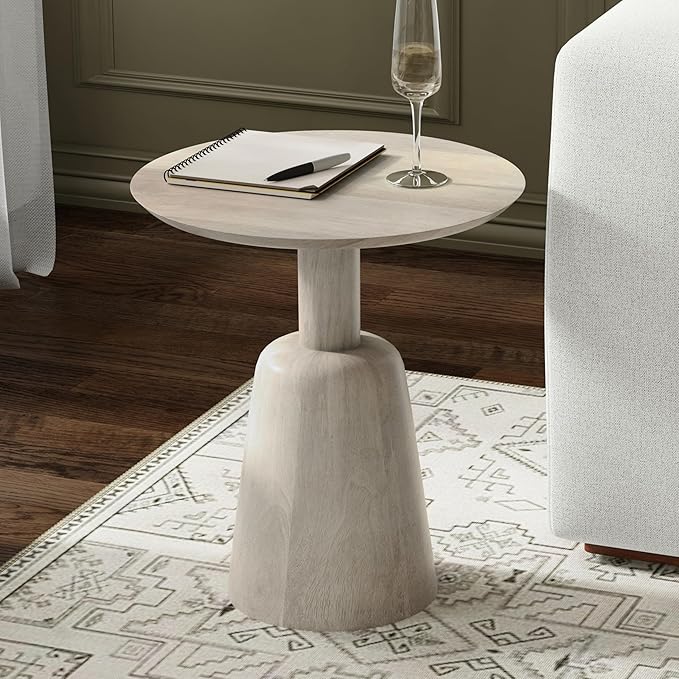 SIMPLIHOME Finchley Solid Mango Wood 18 inch Wide Round Contemporary Side Table in White Wash, Fully Assembled for The Living Room and Bedroom