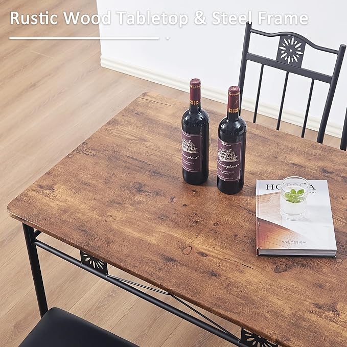 VECELO Kitchen Dining Room Table Sets for 4, 5 Piece Wood Rectangular Breakfast Nook, Dinette with PU Padded Chairs, Brown