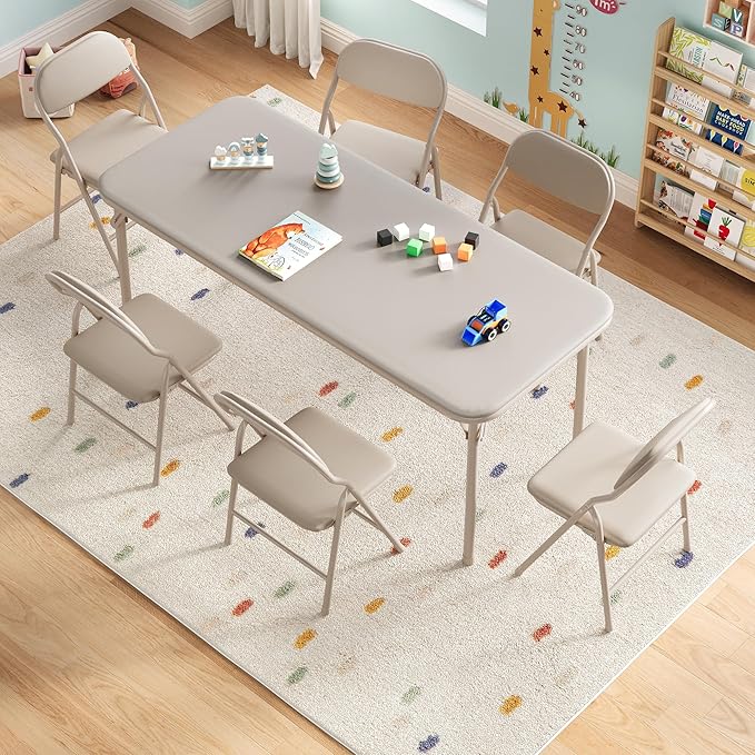 IDEALHOUSE 7 Piece Folding Kids Table and Chairs Set, Children Activity Table and Chairs Set for Dining Room,Daycare,Classrooms