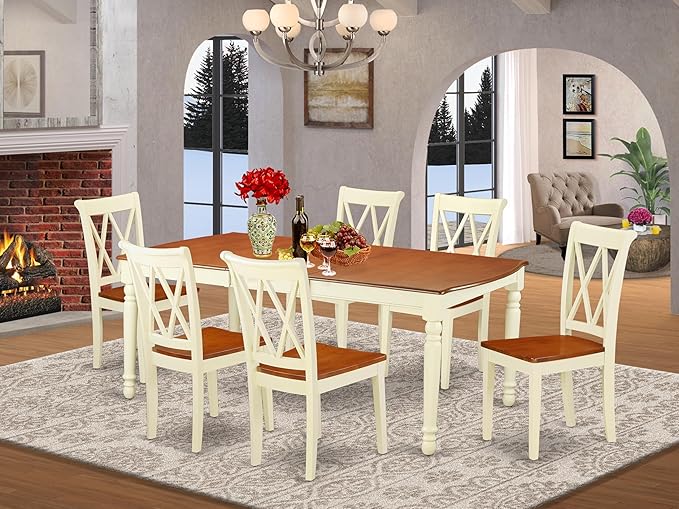 East West Furniture DOCL7-BMK-W 7 Piece Dining Room Furniture Set Consist of a Rectangle Wooden Table with Butterfly Leaf and 6 Kitchen Dining Chairs, 42x78 Inch, Buttermilk & Cherry