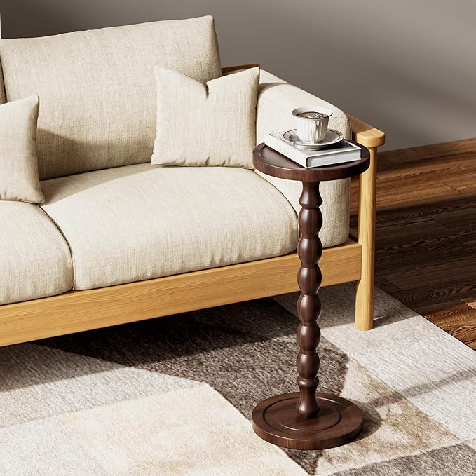 Solid Wood Drink Table, Rubber Wood‌ Small Round Side Table for Small Spaces, Martini Tables, Pedestal End Tables for Living Room, Bedroom, Corners, and Office (Dark Walnut, 9.4 inch)