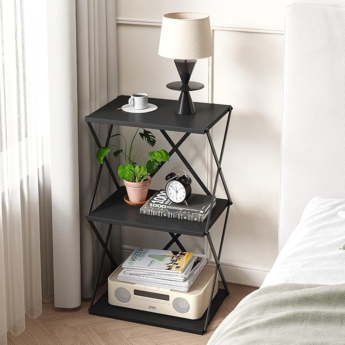 3-Tier End Table Set of 2 Small Side Table Tall Bedside Night Stand with Storage Sofa Side desks for Living Room Bedroom Office Bathroom Small Space, Black ET-03BK-2