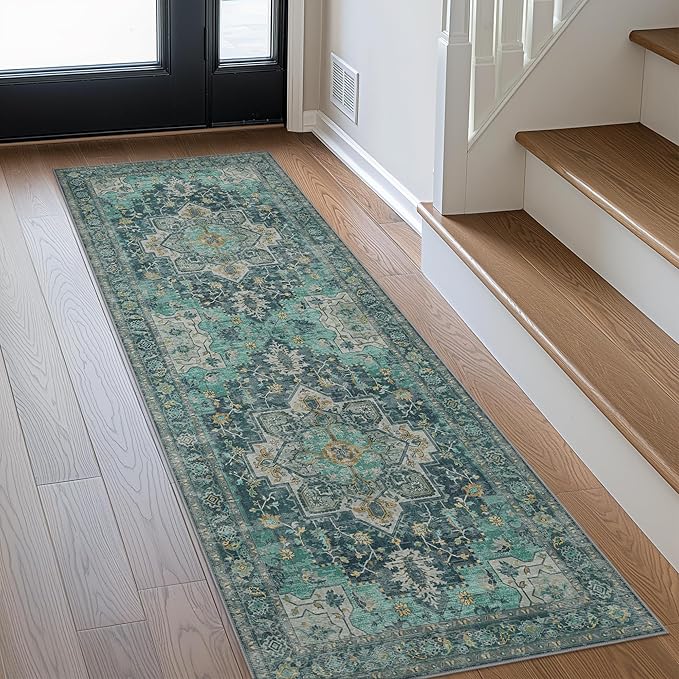 GENIMO 2x7 Runner Rugs for Hallway, Machine Washable Non Slip Vintage Rugs, Low Pile Lightweight Soft Print Rug for enrtyway, Corridor, Home Office, Kitchen, Dark Green