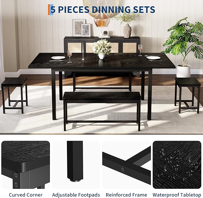Garvee 5 PCs Extendable Dining Table Set for 4-8 People, 63 Inch Kitchen Table with 2 Benches & 2 Stools, Modern Dining Room Furniture, Easy Assembly Metal Frame