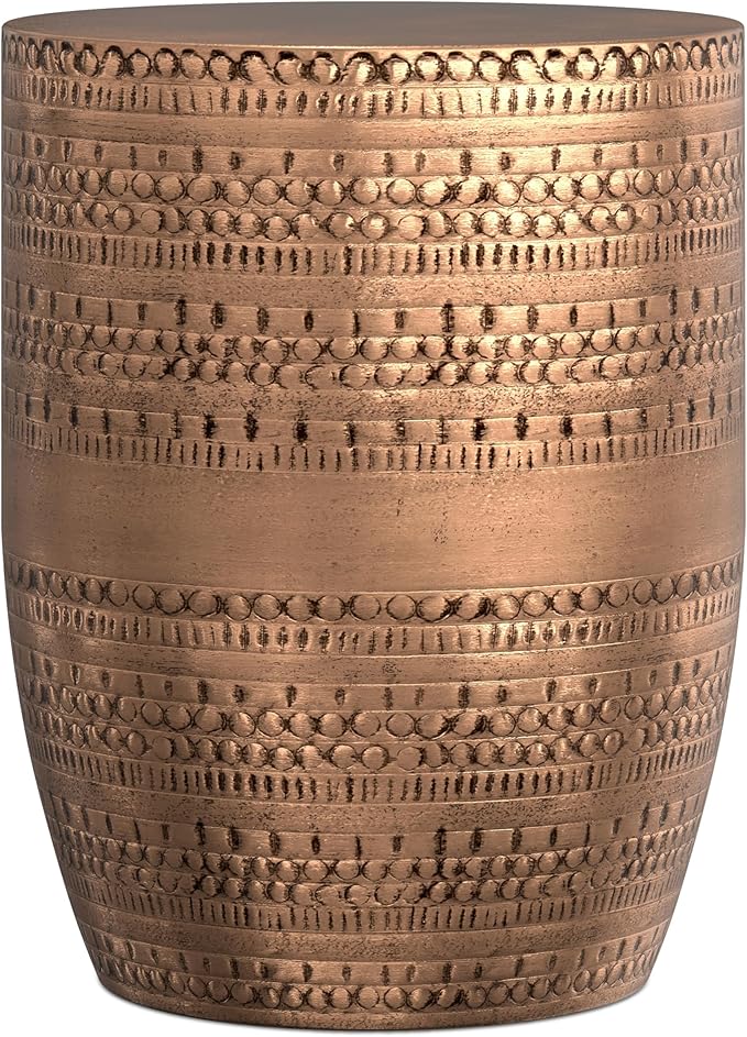 SIMPLIHOME Johnsen Metal Table - 15 inch Wide Solid Iron Drum Accent Table in Antique Copper with Tribal Pattern, Round Boho End Table for Living Room, Bedroom, or Home Office, Fully Assembled