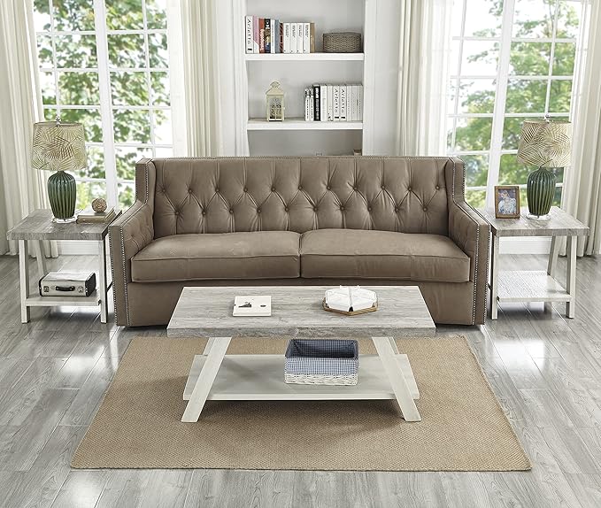 Roundhill Furniture Athens Contemporary 3-Piece Wood Shelf Coffee Table Set, Weathered Gray and Beige