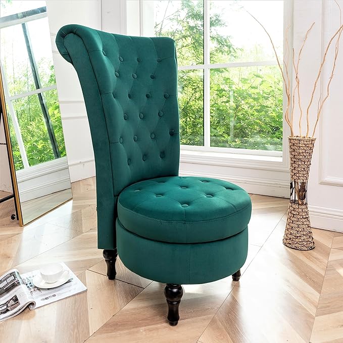 Container Furniture Direct Royal High-Back Velvet Accent Chair for Vanity with Storage and Luxurious Upholstery, Retro Design and Versatile Usage for Living Room, Bedroom, Lounge and Office, Green