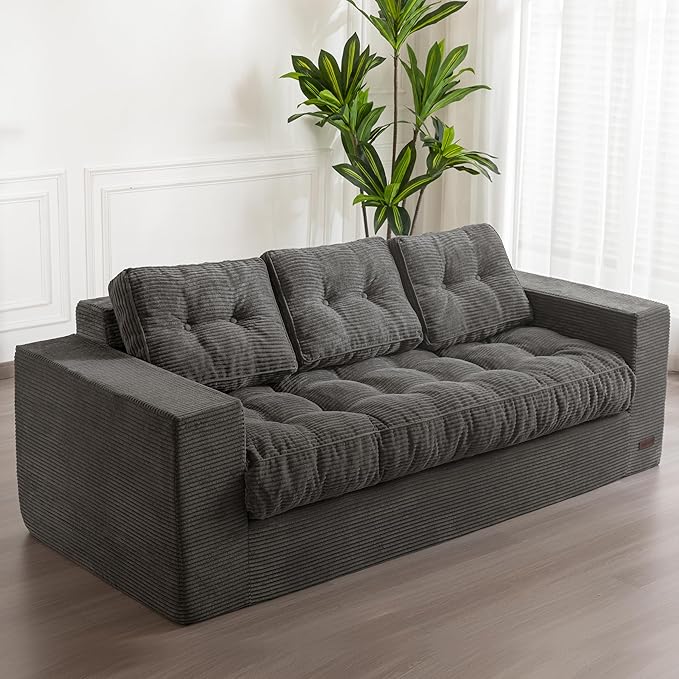 MAXYOYO 3 Seater Couch for Living Room, Boneless Couch with Tufted Cushion & Backrest, Upholstered Floor Sofa with Armrests, Sofa in A Box, No Assembly Required, Dark Grey