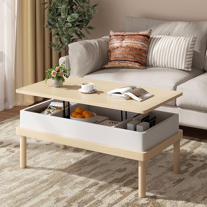 Shintenchi Coffee Table, Lift Top Coffee Table with Hidden Compartment, Rising Tabletop Dining Table, Lift Top Coffee Center Table for Living Room, Office, Home (Oak)