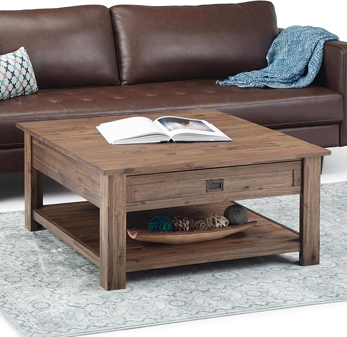 SIMPLIHOME Monroe Square Coffee Table - 38 inch Wide Solid Acacia Wood Living Room Table in Rustic Natural Aged Brown, Rustic Cocktail Table for Family Room or Lounge with 2 Drawers and Open Shelf