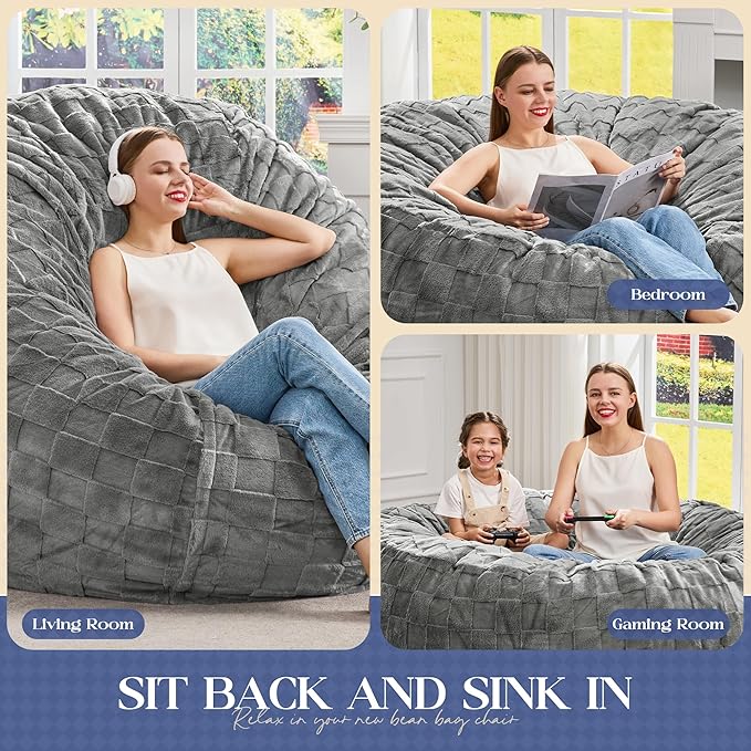 Hobestluk Bean Bag Chairs Beanbag Chair with Filler Adult Bean Bags with Fluffy Plaid Cover, Giant Bean Bag Chairs for Adults for Living Room, Bedroom (Grey, 4FT - 44” x 44” x 24”)