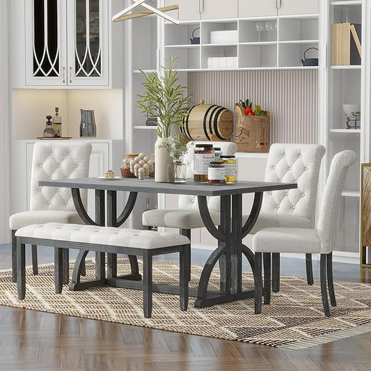 SogesPower 6-Piece Dining Table Set, Rectangular Farmhouse Kitchen Dining Table Set with 4 Upholstered Chairs & 1 Bench, Retro Kitchen Table Set for 4-6 for Dining Room Living Room, Gray Wash