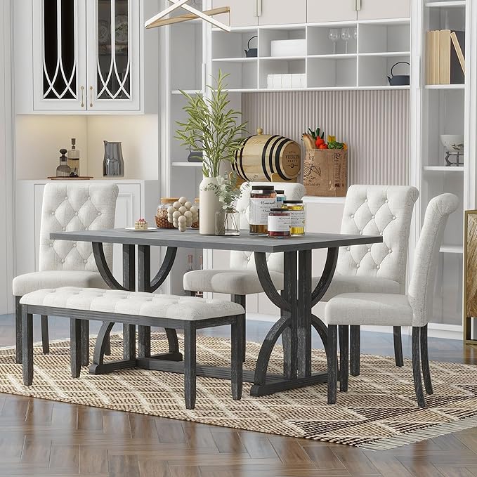 Ball & Cast 6-Piece Dining Table Set, 60" Rectangular Dining Table with 4 Upholstered Chairs & 1 Bench for Dining Room and Kitchen Gray Wash