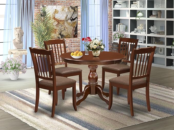 East West Furniture HBDA5-MAH-C 5 Piece Dinette Set for 4 Includes a Round Dining Room Table with Pedestal and 4 Linen Fabric Kitchen Dining Chairs, 42x42 Inch, Mahogany