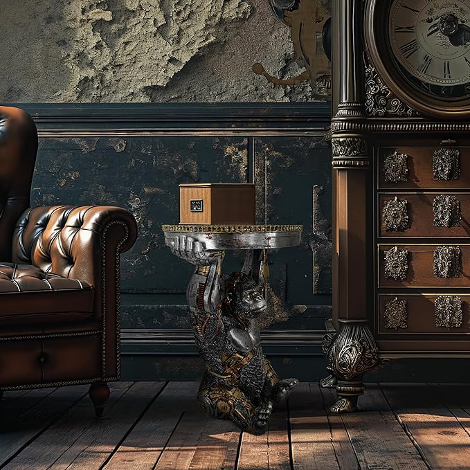 Steampunk Gorilla Side Table Pedestal End Table Stool Resin Cyborg Monkey Sci-fi Statue Sculpture Hand Painted Collectible Figurine with Cool Gear for Home Man Cave Decor Silver
