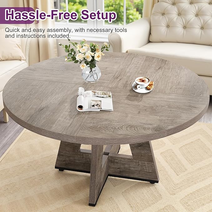 Round Dining Table for 4, 47" Wooden Kitchen Dinner Table Rustic, Farmhouse Table for Dining Room, Living Room, Gery