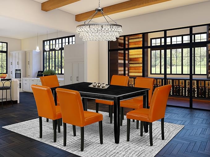 East West Furniture DUAB7-BLK-61 7 Piece Kitchen Table & Chairs Set Consist of a Rectangle Dining Table and 6 Baked Bean Faux Leather Parson Dining Room Chairs, 36x60 Inch, Black