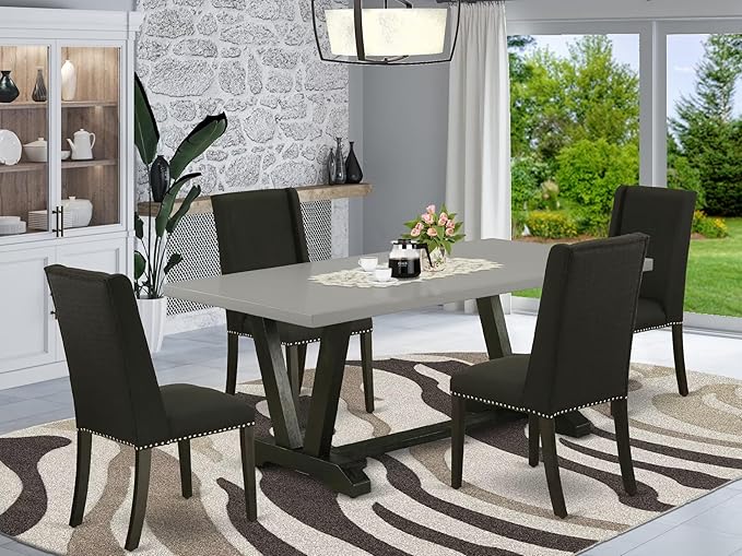East West Furniture V697FL624-5 5 Piece Dining Table Set for 4 Includes a Rectangle Kitchen Table with V-Legs and 4 Black Linen Fabric Parson Dining Chairs, 40x72 Inch, Multi-Color