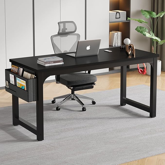 Large Computer Desk - 63 Inch Home Office Desks Study Student Writing Table Gaming Desk Wood Modern Simple Table with Storage Bag & Headphone Hooks, Black