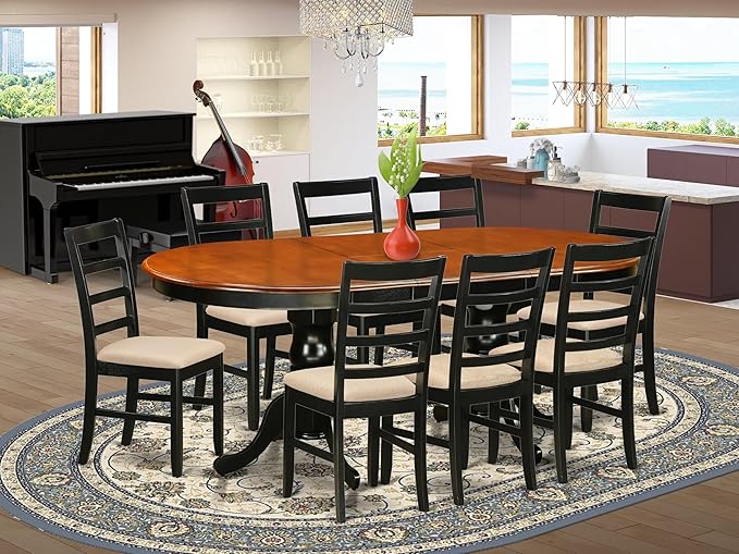 East West Furniture PLPF9-BCH-C 9 Piece Kitchen Table & Chairs Set Includes an Oval Dining Room Table with Butterfly Leaf and 8 Linen Fabric Upholstered Chairs, 42x78 Inch, Black & Cherry