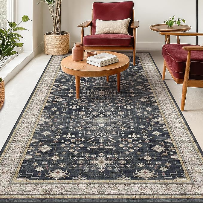 Washable 4x8 Hallway Runner Rug, Black Vintage 8ft Soft Runners for Entry Kitchen Non Slip Low Pile Thin Carpet for Living Room Bedroom Foyer