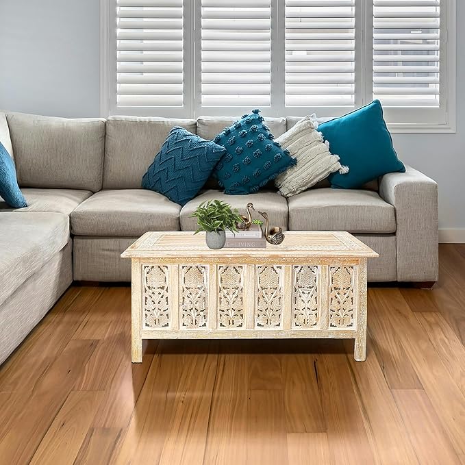The Wooden Town Rectangular Coffee Table – 36x18 Inch White Wash Finish | Modern Wooden Center Table for Living Room | Vintage Look Side Table for Magazines, Books & Plants