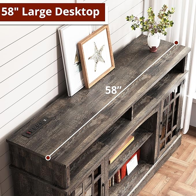 IRONCK Farmhouse TV Stand for 65 Inch TV, 32“Tall Entertainment Center with Power Outlets, Rustic TV Cabinet with Glass Door Media Console, TV Console for Living Room,Dark Rustic Oak