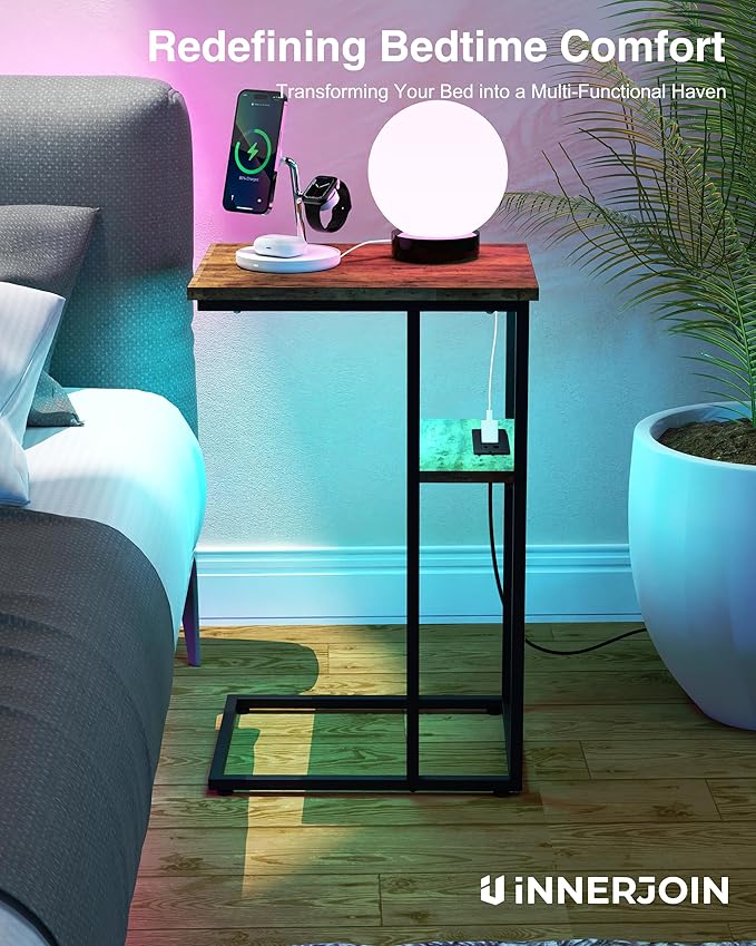 Innerjoin Side Table with Charging Station Set of 2, C Shaped End Table with LED Light Strip, Fast Charge Type C & USB Ports, Small Sofa Snack Laptop Side Table for Living Room Bedroom, Rustic Brown