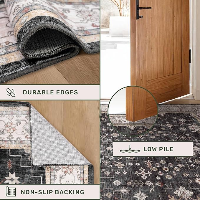Black Boho Washable Entry Rug, 3x4 Rugs for Entryway Kitchen Bathroom Door Mat Indoor Entrance, Non Slip Rubber Backing, Stain & Fade Resistant, Ashen Charcoal Floral Design