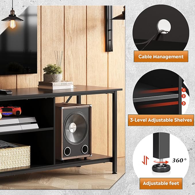 WLIVE TV Stand for 70 Inch TV, Entertainment Center with Storage, Industrial TV Console for Living Room and Bedroom, Black