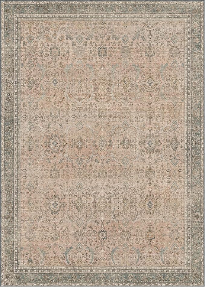 9X12 Area Rugs Machine Washable Rugs for Living Room, Vintage Boho Large Rugs for Bedroom Dining Room, Non Slip Indoor Soft Distressed Lightweight Thin Low Pile Carpet, Soft Sand
