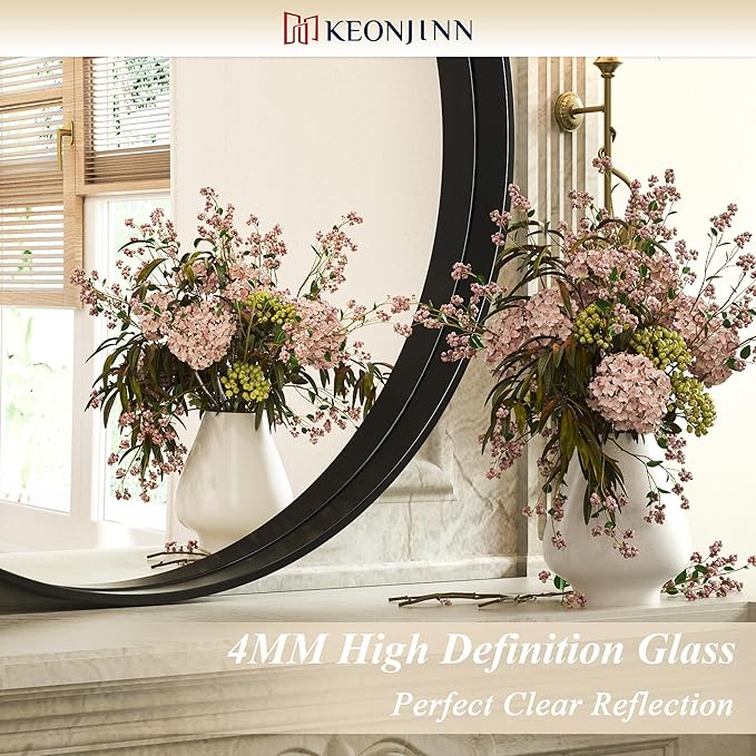Keonjinn Black Round Mirror 24 Inch, Brushed Black Framed Circle Mirror for Bathroom, Aluminum Alloy Metal Frame, Modern Farmhouse Decorative Wall Mirror for Entryway, Living Room