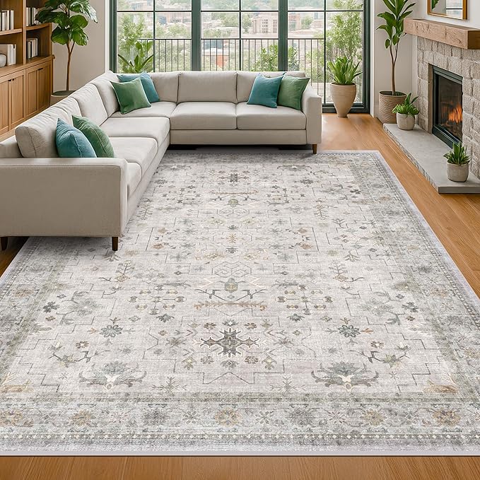 Boho Light Grey 5x7 Living Room Rug - Modern Vintage Eclectic Floral Pastel Neutral Taupe, Washable Low Pile Non-Slip Large Area Rugs for Nursery Dining Under Table Bedroom Lounge