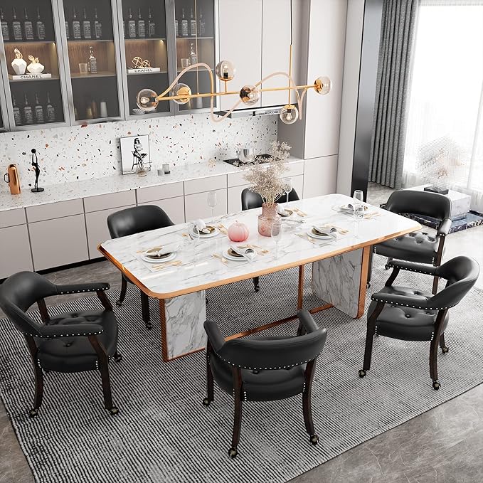 LEEMTORIG Large Dining Chairs with Casters and Arms, Rolling Dining Chairs with Wheels, Accent Game Poker Chairs, Boss Caption's Chairs, 26" D x 25.2" W x 31.5" H, Espresso Legs & Black PU, SY-318-BK