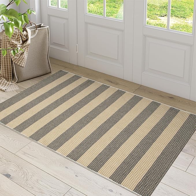 OJIA Tan Washable Outdoor Rug 3'x5', Fall Front Door Mat Outside Entrance Cotton Woven Halloween Doormat Indoor Outdoor Rugs Striped Entryway Rugs Small Outdoor Door Mats for Porch Patio Kitchen Entry