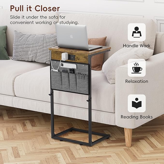 Vagusicc C Shaped End Table with Charging Station, 33" Tall Side Table for Couch, Sofa Table Adjustable Height Small Couch Side C Table, Slide Under Sofa Tray Arm Table for Living Room, Bedroom, Brown