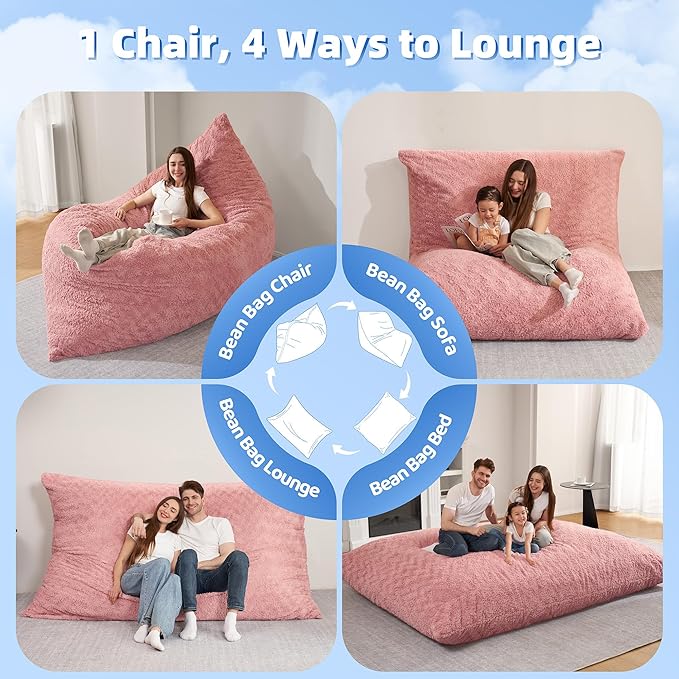 HABUTWAY 4 in 1 Bean Bag Chair, Giant Memory Foam Filling Bean Bag Sofa, Adult Bean Bag Chair, Machine Washable Faux Fur Cover, Bean Bag for Adult (Pink)
