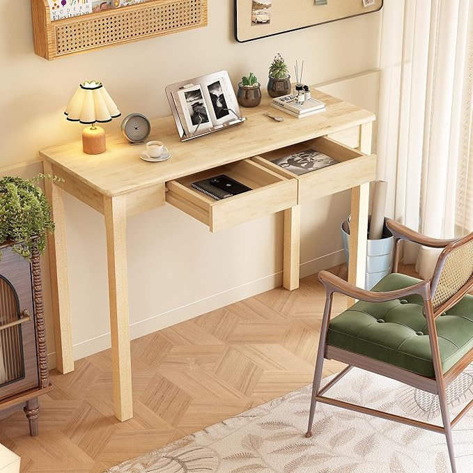 Solid Wood Desk with Drawers - 39 x 16 Inch Narrow Desks, Mid Century Modern Desks, Rubber Wood Study Table, Small Writing Desk for Bedroom|Small Spaces, Natural