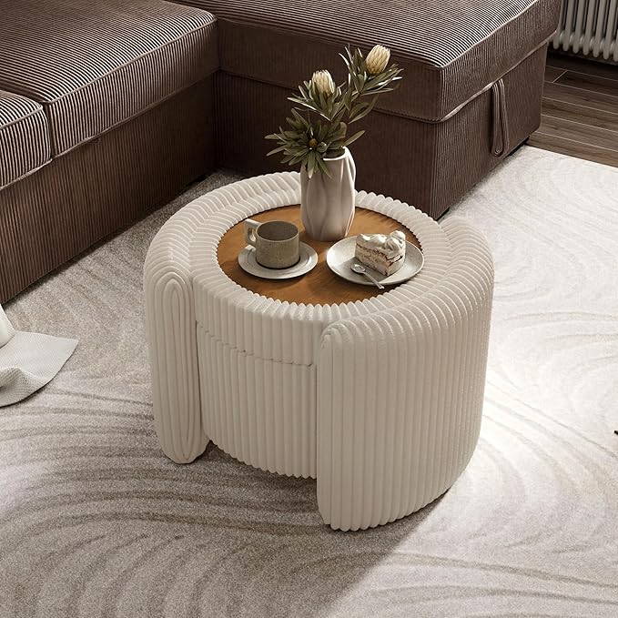 Furniture of America Lennox Modern Chenille 25-inch Round Storage Ottoman with Reversible Flip Top, Upholstered Footstool for Living Room, Bedroom, Entryway, Beige Pink