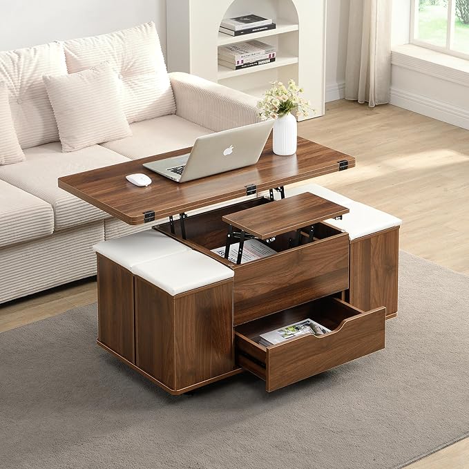 Merax Multi-Functional Lift-Top Coffee Table with Hidden Storage and Stools,Multi-Function Modern Center Table with 4 Stools and Casters,Perfect for Modern Living Spaces, Walnut & White