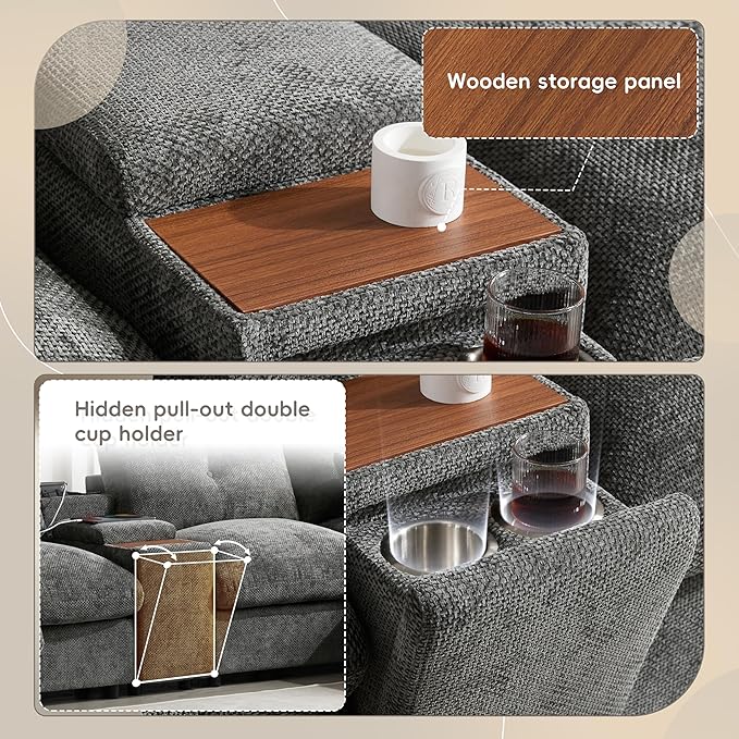 Merax 142'' Modular Sectional Sofa Set with Movable Storage Ottoman and Console, Cup Holder, Wide Seat, 6 Seat U Shaped Couch, Oversized Chenille Sofa with USB Charger for Living Room, Apartment, Gray