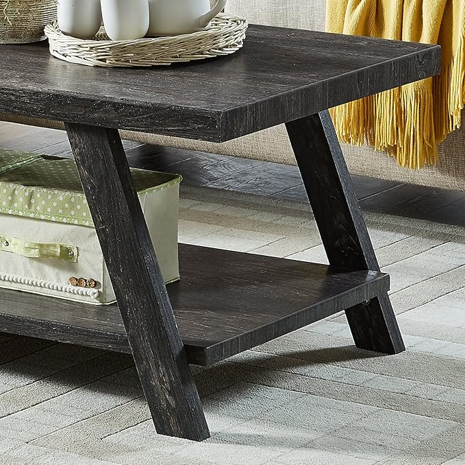 Roundhill Furniture Athens Contemporary Replicated Wood Shelf Coffee Table in Charcoal Finish